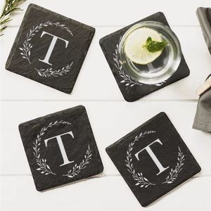Set of 4 Letter (T) Slate Coasters - Laser Engraved Monogram